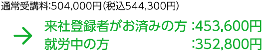 通常受講料：504,000円（税込544,300円）>来社登録者がお済みの方 ：453,600円 就労中の方：352,800円